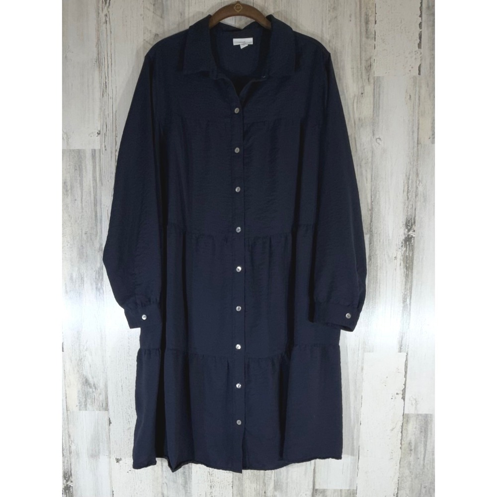 J Jill Navy Blue Button Front Shirt Dress Size XL‎ Tiered Babydoll Taffeta Midi